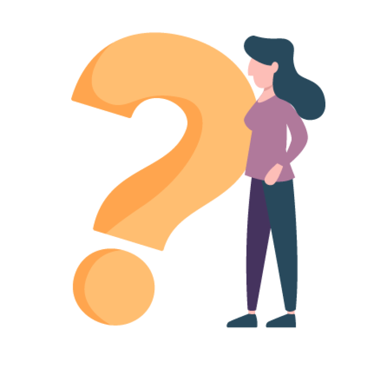 Illustration of a woman standing next to a large question mark.