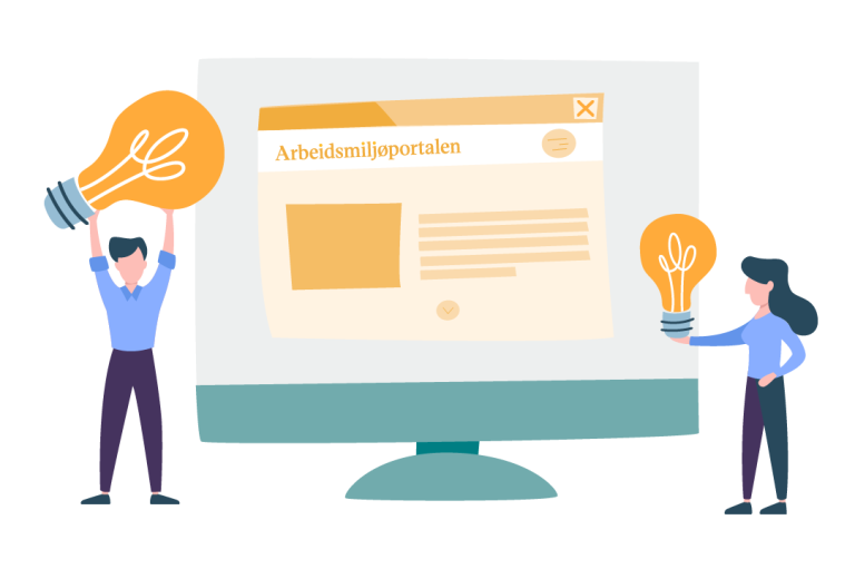 Illustrasjon av ein mann og ei kvinne som står ved ein overdimensjonert dataskjerm. På skjermen vises ordet "Arbeidsmiljøportalen".